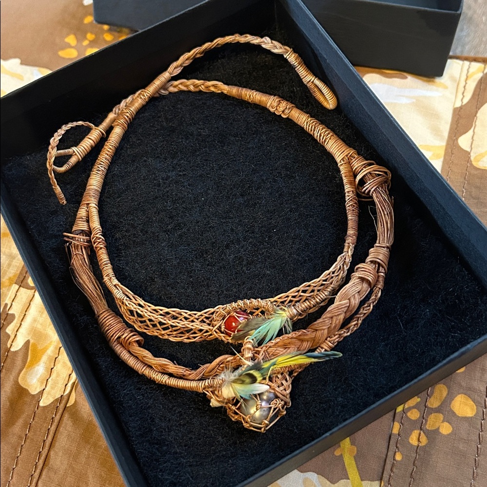 Tahitian Pearl Handcrafted Woven Necklace with Feather and tooth Accents - Picture 3 of 5